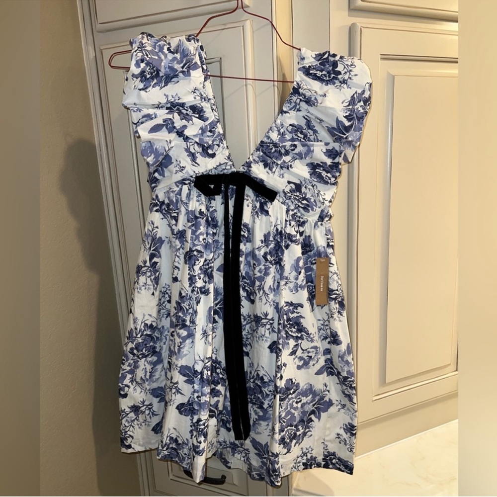 REVOLVE O.P.T didi Blue and White Floral Ruffle Mini Dress with Bow